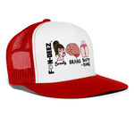 Beauty, Brains and Booty Gains Trucker Hat - white/red