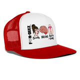Beauty, Brains and Booty Gains Trucker Hat - white/red